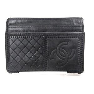 Auth Black CHANEL Card Case CC Mark Quilting Patchwork Black Leather